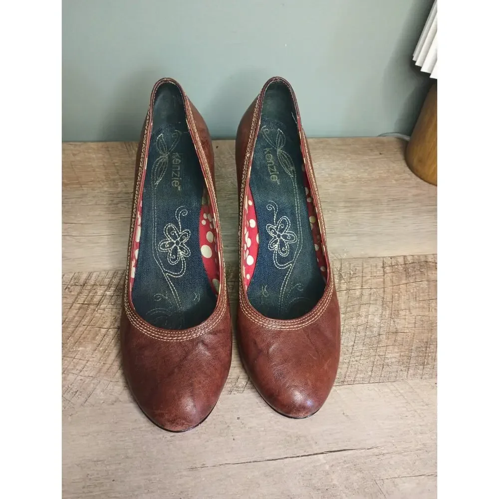 Kenzie Y2K Leather Block Heel Pumps 10 Cognac Twee Classic Retro Old Money